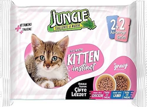 Jungle 4*100 Gr. Çift Lezzet Pouch Yavru Kedi Tavuk-Kuzu
