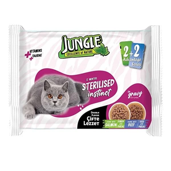 Jungle 4*100 Gr. Çift Lezzet Pouch Kısır Kedi Somon - Biftek
