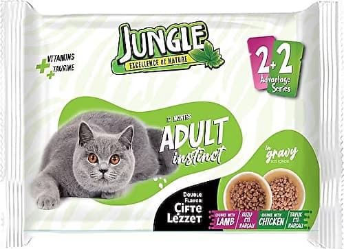 Jungle 4*100 Gr. Çift Lezzet Pouch Yetişkin Kedi Kuzulu - Tavuklu